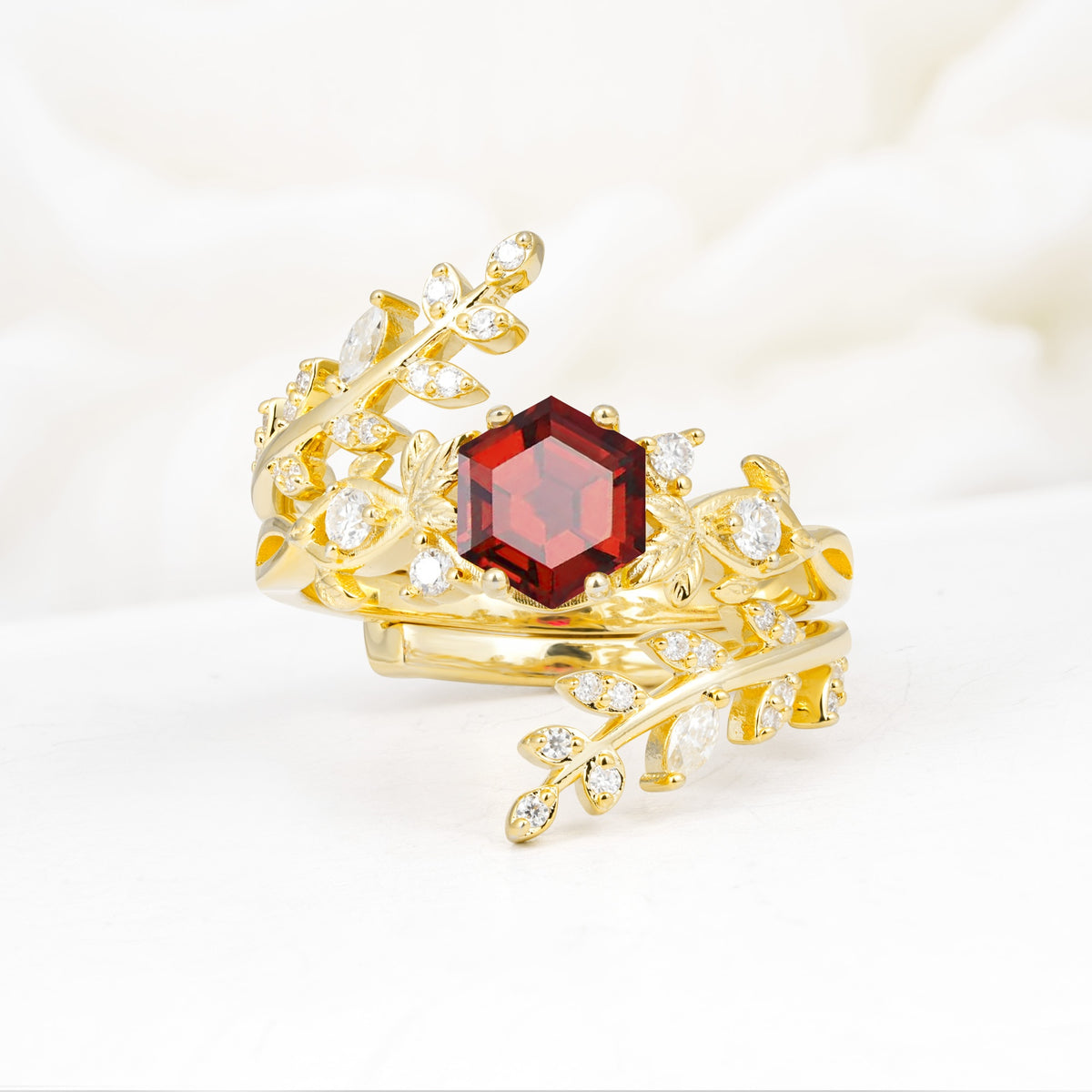 Vintage Leaf & Vine Hexagon Cut Nature Inspired Garnet Bridal Ring Set for Her - Yellow-Gold