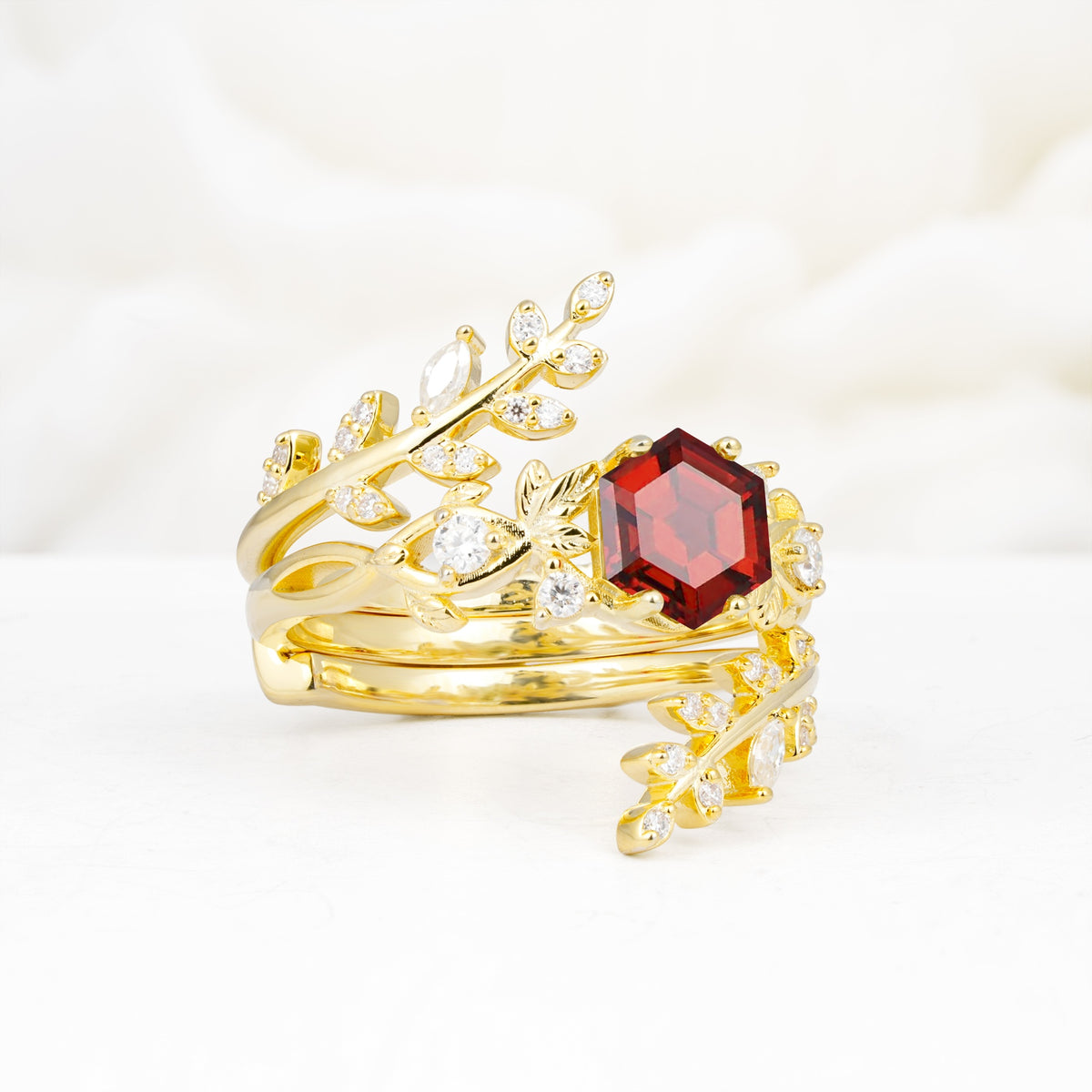 Vintage Leaf & Vine Hexagon Cut Nature Inspired Garnet Bridal Ring Set for Her - Rose-Gold