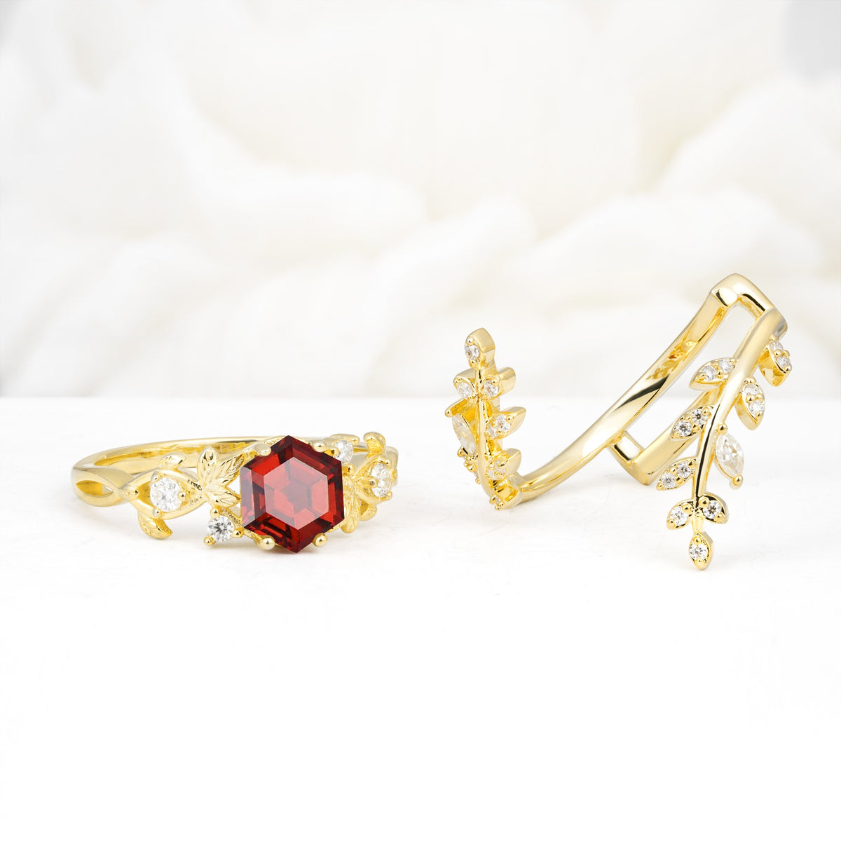 Vintage Leaf & Vine Hexagon Cut Nature Inspired Garnet Bridal Ring Set for Her - White-Gold