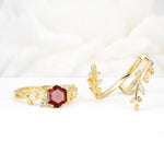 Vintage Leaf & Vine Hexagon Cut Nature Inspired Garnet Bridal Ring Set for Her - White-Gold