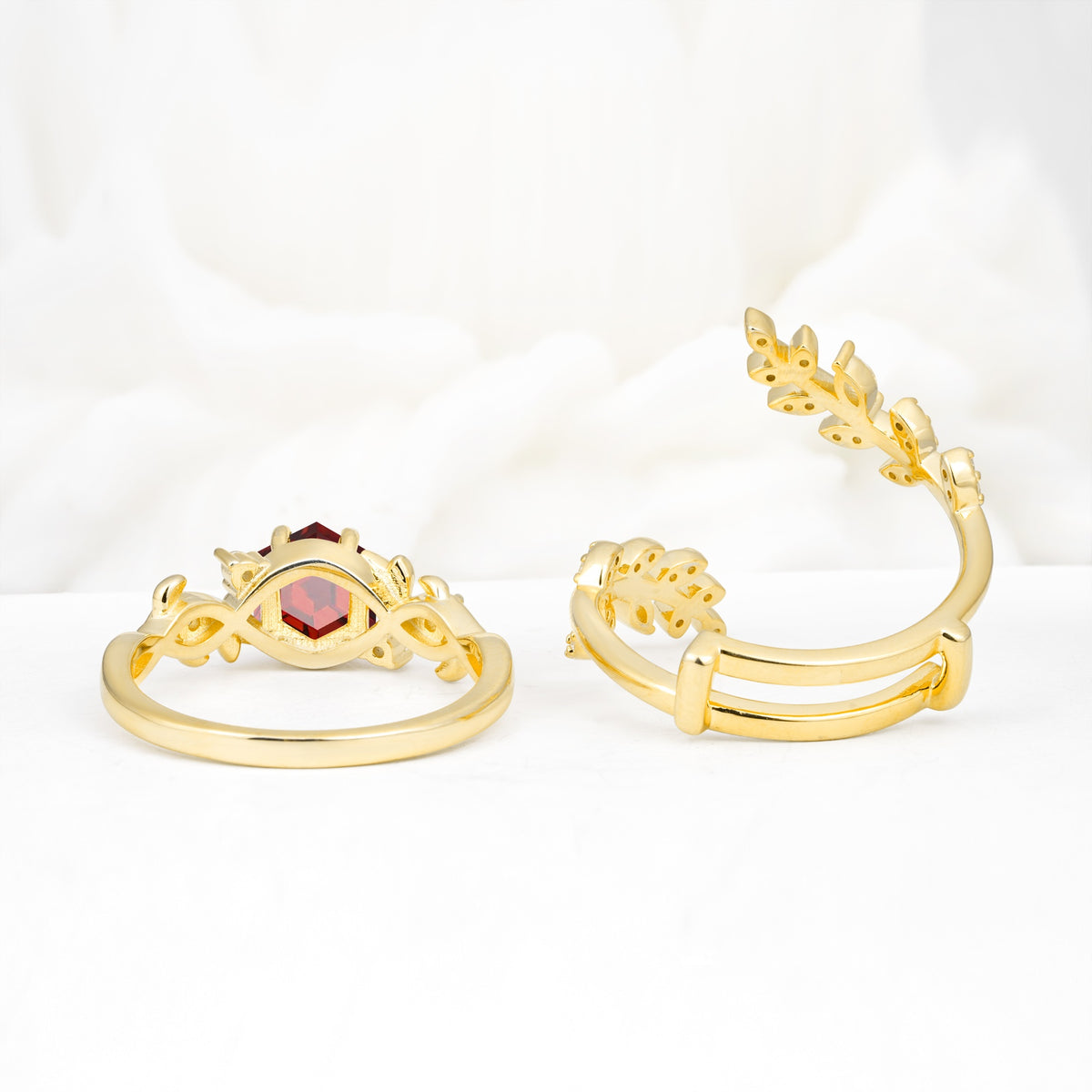 Vintage Leaf & Vine Hexagon Cut Nature Inspired Garnet Bridal Ring Set for Her - Additional view