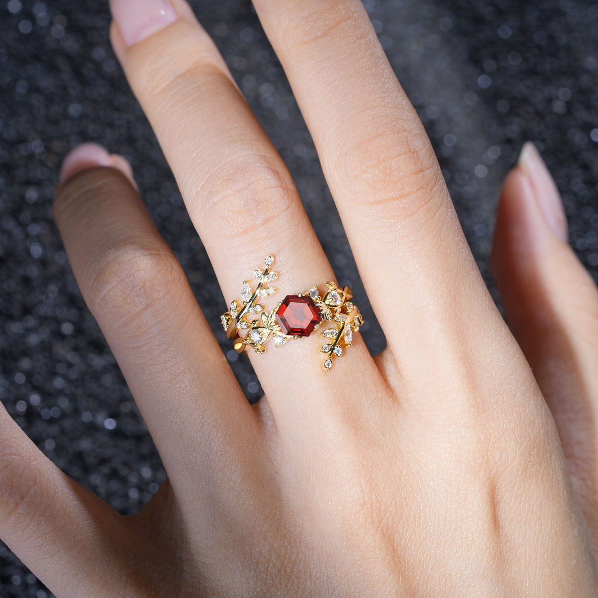 Vintage Leaf & Vine Hexagon Cut Nature Inspired Garnet Bridal Ring Set for Her - Additional view
