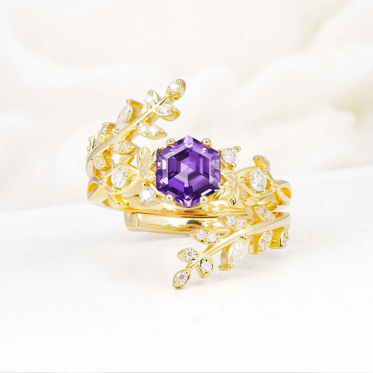 Vintage Leaf & Vine Hexagon Cut Nature Inspired Amethyst Bridal Ring Set for Her - Yellow-Gold