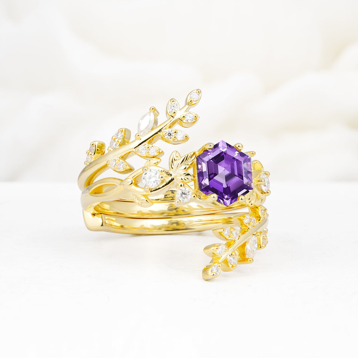 Vintage Leaf & Vine Hexagon Cut Nature Inspired Amethyst Bridal Ring Set for Her - Rose-Gold