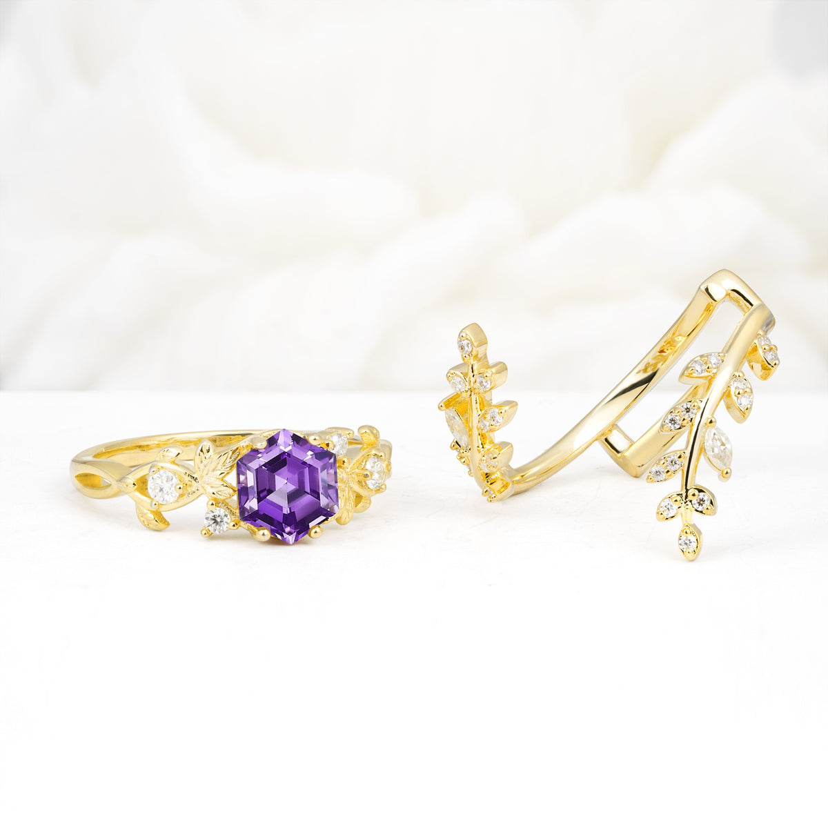 Vintage Leaf & Vine Hexagon Cut Nature Inspired Amethyst Bridal Ring Set for Her - White-Gold