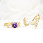 Vintage Leaf & Vine Hexagon Cut Nature Inspired Amethyst Bridal Ring Set for Her - White-Gold