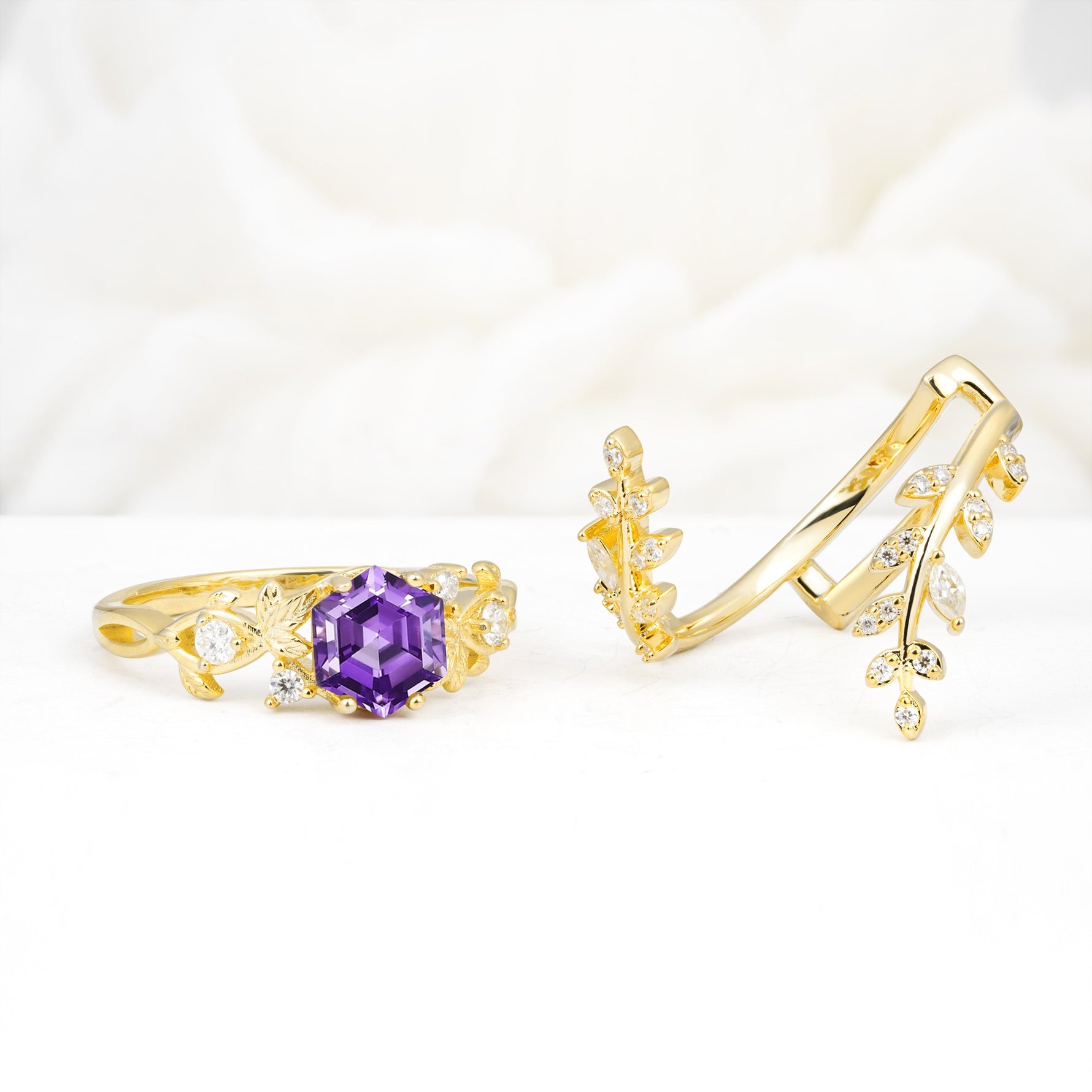 Vintage Leaf & Vine Hexagon Cut Nature Inspired Amethyst Bridal Ring Set for Her - White-Gold