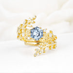 Vintage Leaf & Vine Hexagon Cut Nature Inspired Aquamarine Bridal Ring Set for Her - Yellow-Gold