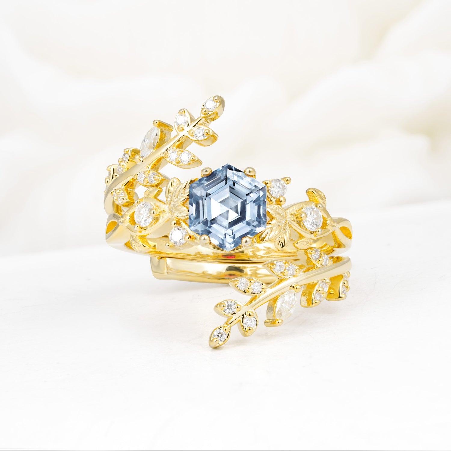 Vintage Leaf & Vine Hexagon Cut Nature Inspired Aquamarine Bridal Ring Set for Her - Yellow-Gold