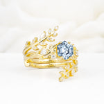 Vintage Leaf & Vine Hexagon Cut Nature Inspired Aquamarine Bridal Ring Set for Her - Rose-Gold