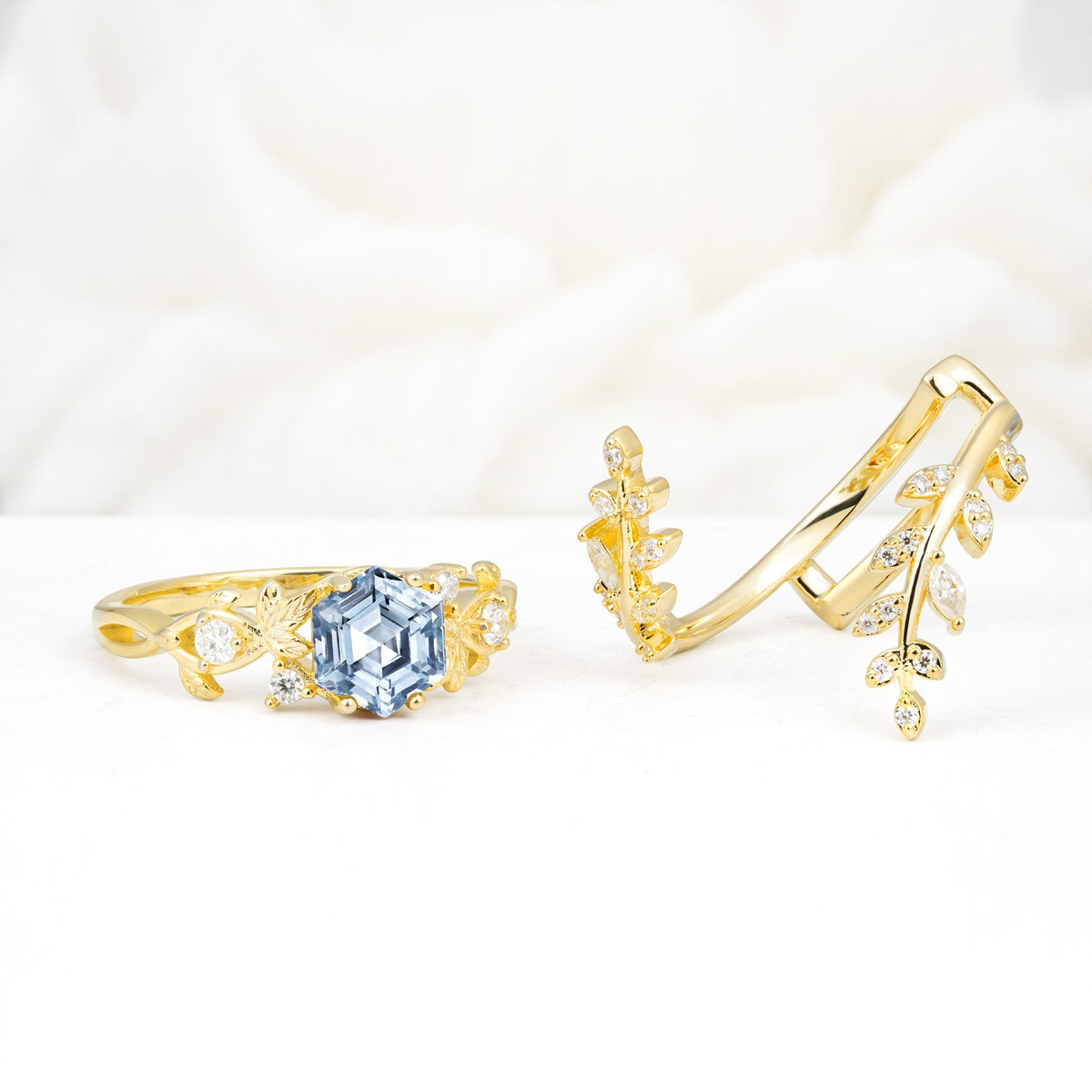 Vintage Leaf & Vine Hexagon Cut Nature Inspired Aquamarine Bridal Ring Set for Her - White-Gold