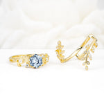 Vintage Leaf & Vine Hexagon Cut Nature Inspired Aquamarine Bridal Ring Set for Her - White-Gold