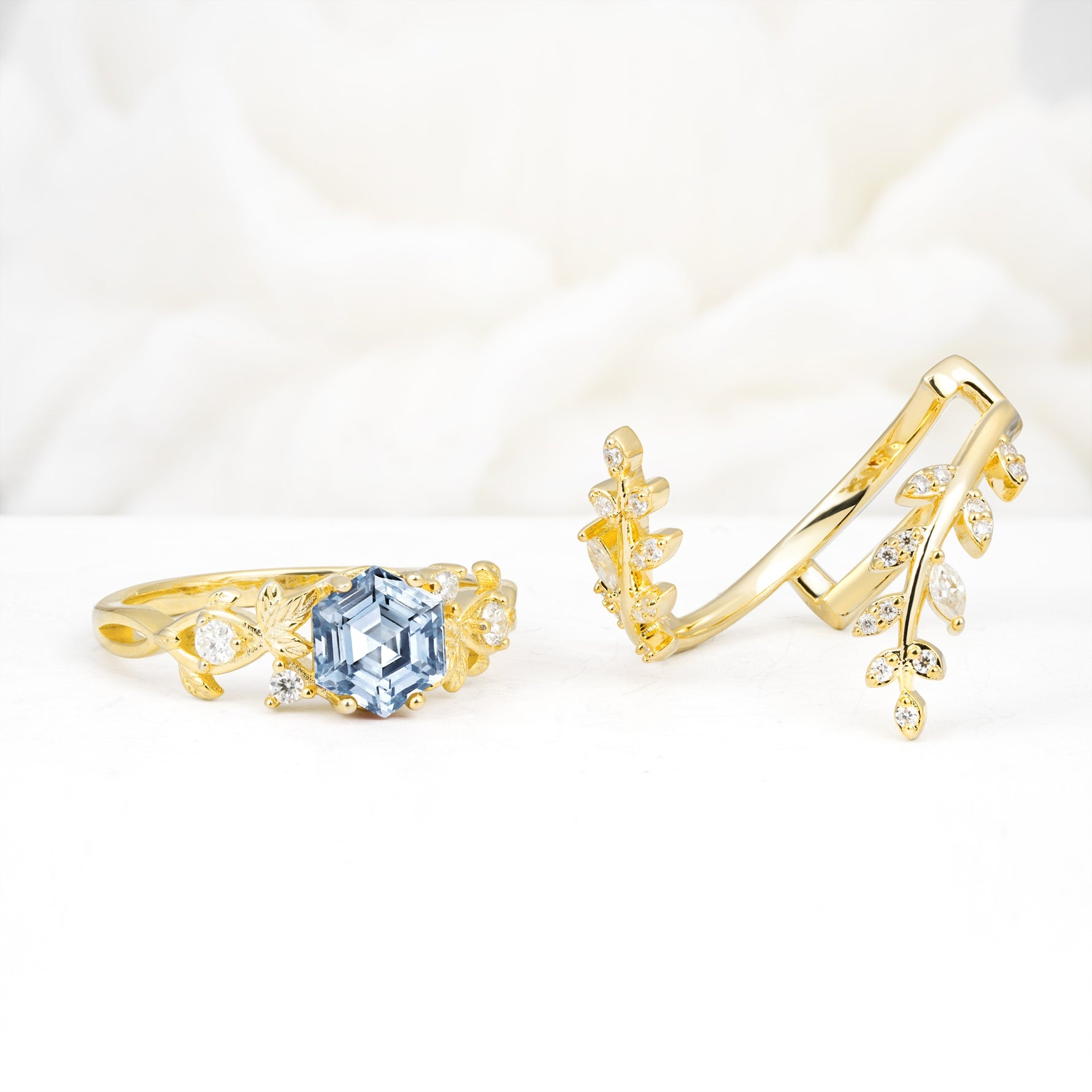 Vintage Leaf & Vine Hexagon Cut Nature Inspired Aquamarine Bridal Ring Set for Her - White-Gold
