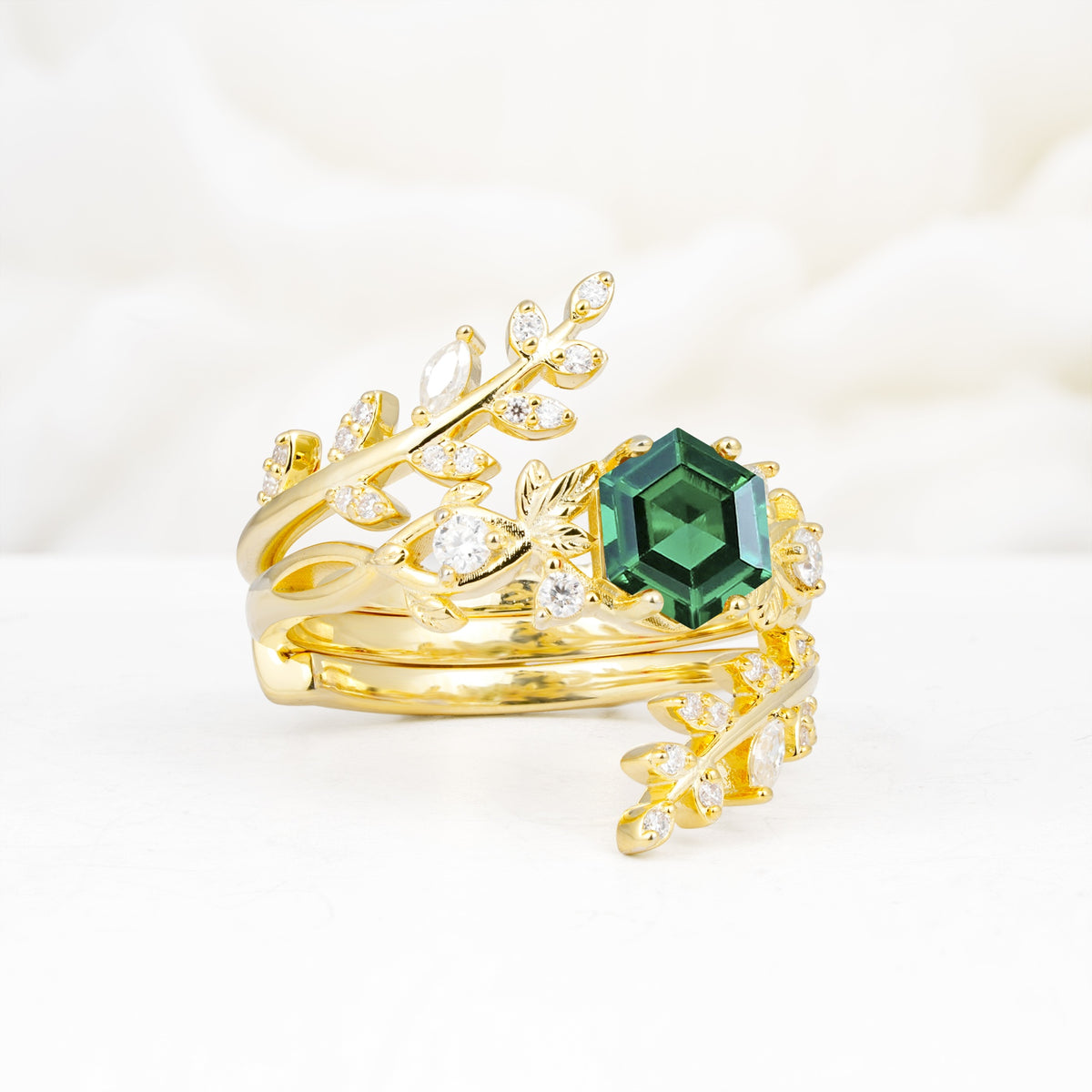 Vintage Leaf & Vine Hexagon Cut Nature Inspired Emerald Bridal Ring Set for Her - Rose-Gold