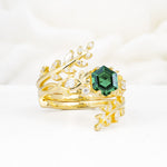 Vintage Leaf & Vine Hexagon Cut Nature Inspired Emerald Bridal Ring Set for Her - Rose-Gold