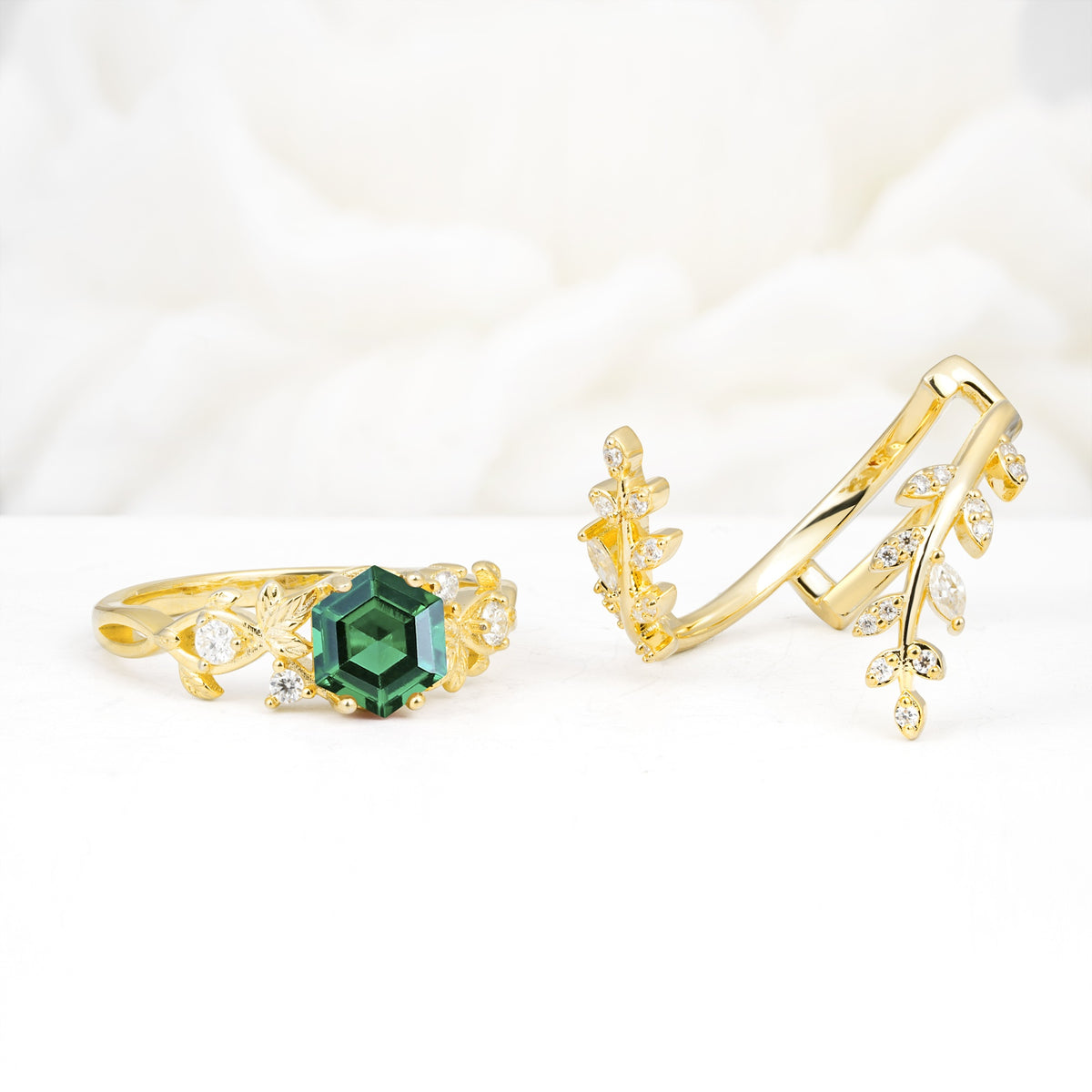 Vintage Leaf & Vine Hexagon Cut Nature Inspired Emerald Bridal Ring Set for Her - White-Gold