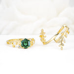 Vintage Leaf & Vine Hexagon Cut Nature Inspired Emerald Bridal Ring Set for Her - White-Gold