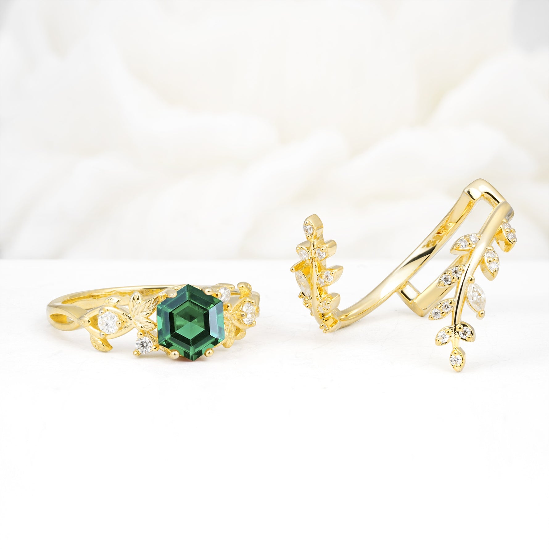 Vintage Leaf & Vine Hexagon Cut Nature Inspired Emerald Bridal Ring Set for Her - White-Gold