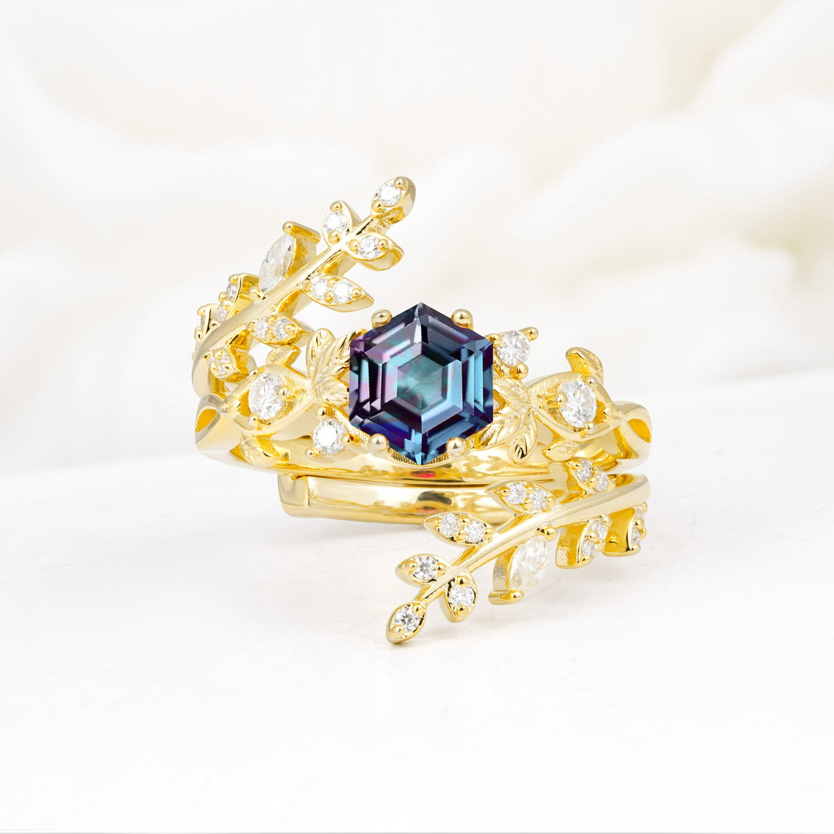 Vintage Leaf & Vine Hexagon Cut Nature Inspired Alexandrite Bridal Ring Set for Her - Yellow-Gold