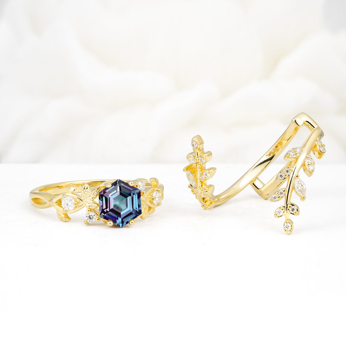 Vintage Leaf & Vine Hexagon Cut Nature Inspired Alexandrite Bridal Ring Set for Her - White-Gold