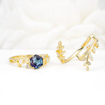 Vintage Leaf & Vine Hexagon Cut Nature Inspired Alexandrite Bridal Ring Set for Her - White-Gold