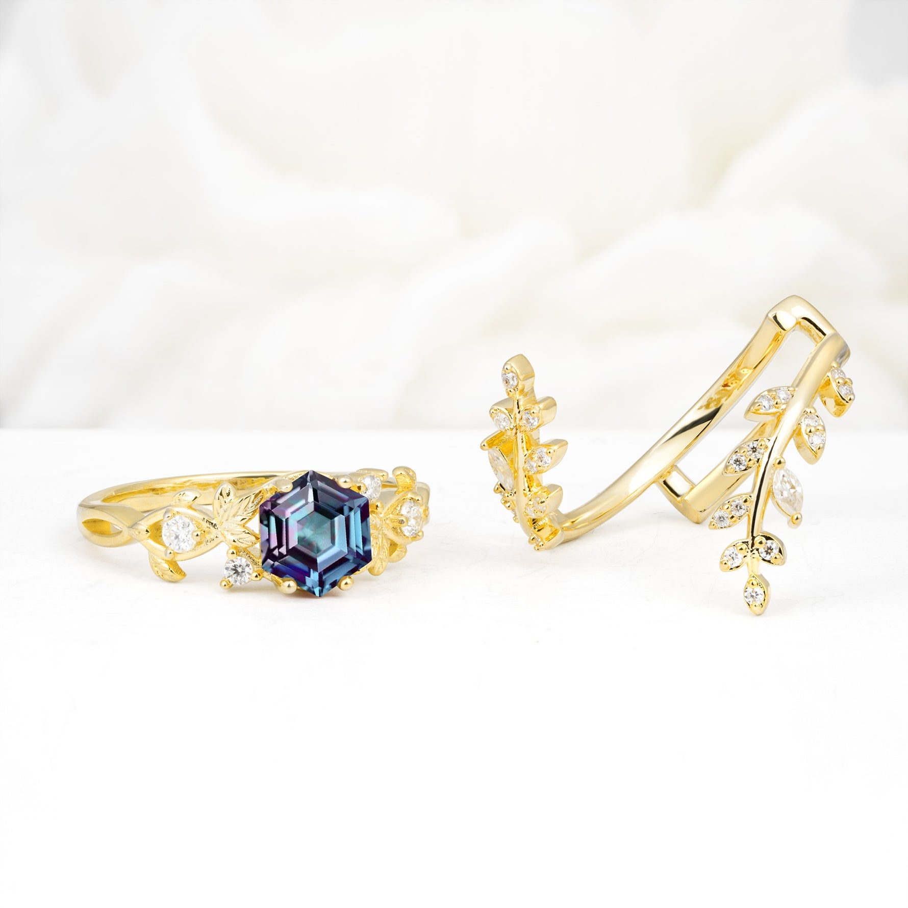 Vintage Leaf & Vine Hexagon Cut Nature Inspired Alexandrite Bridal Ring Set for Her - White-Gold