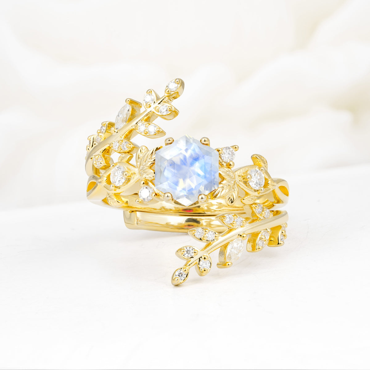 Vintage Leaf & Vine Hexagon Cut Nature Inspired Moonstone Bridal Ring Set for Her - Yellow-Gold