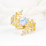 Vintage Leaf & Vine Hexagon Cut Nature Inspired Moonstone Bridal Ring Set for Her - Yellow-Gold
