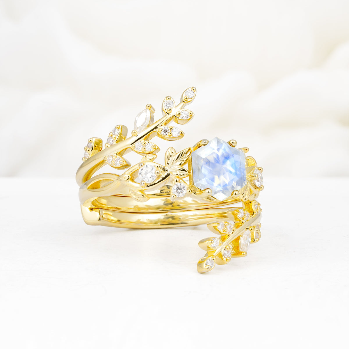 Vintage Leaf & Vine Hexagon Cut Nature Inspired Moonstone Bridal Ring Set for Her - Rose-Gold