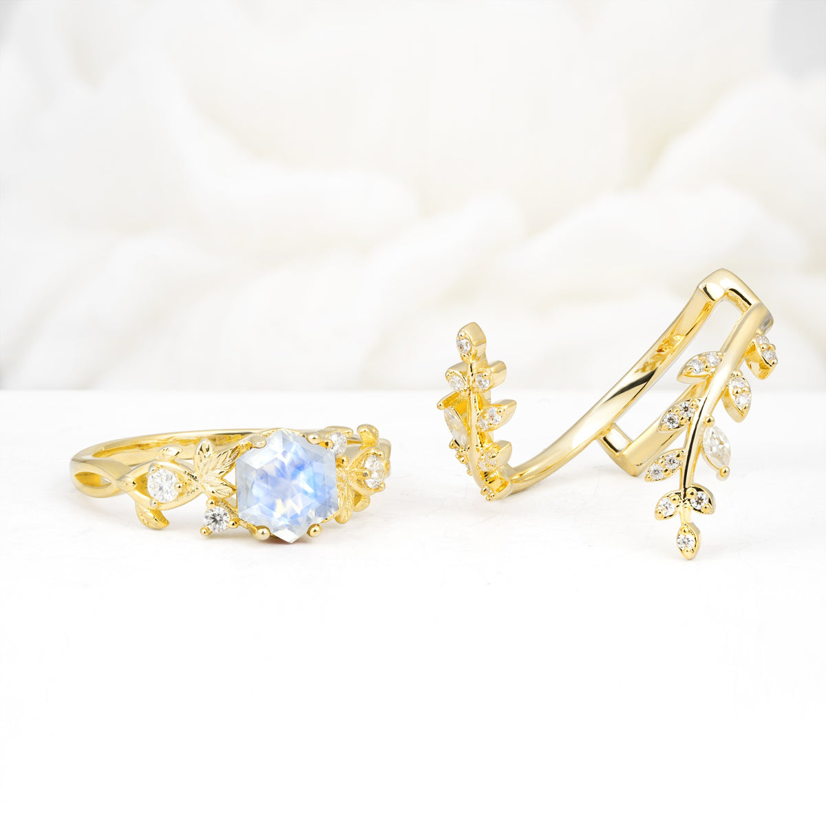 Vintage Leaf & Vine Hexagon Cut Nature Inspired Moonstone Bridal Ring Set for Her - White-Gold