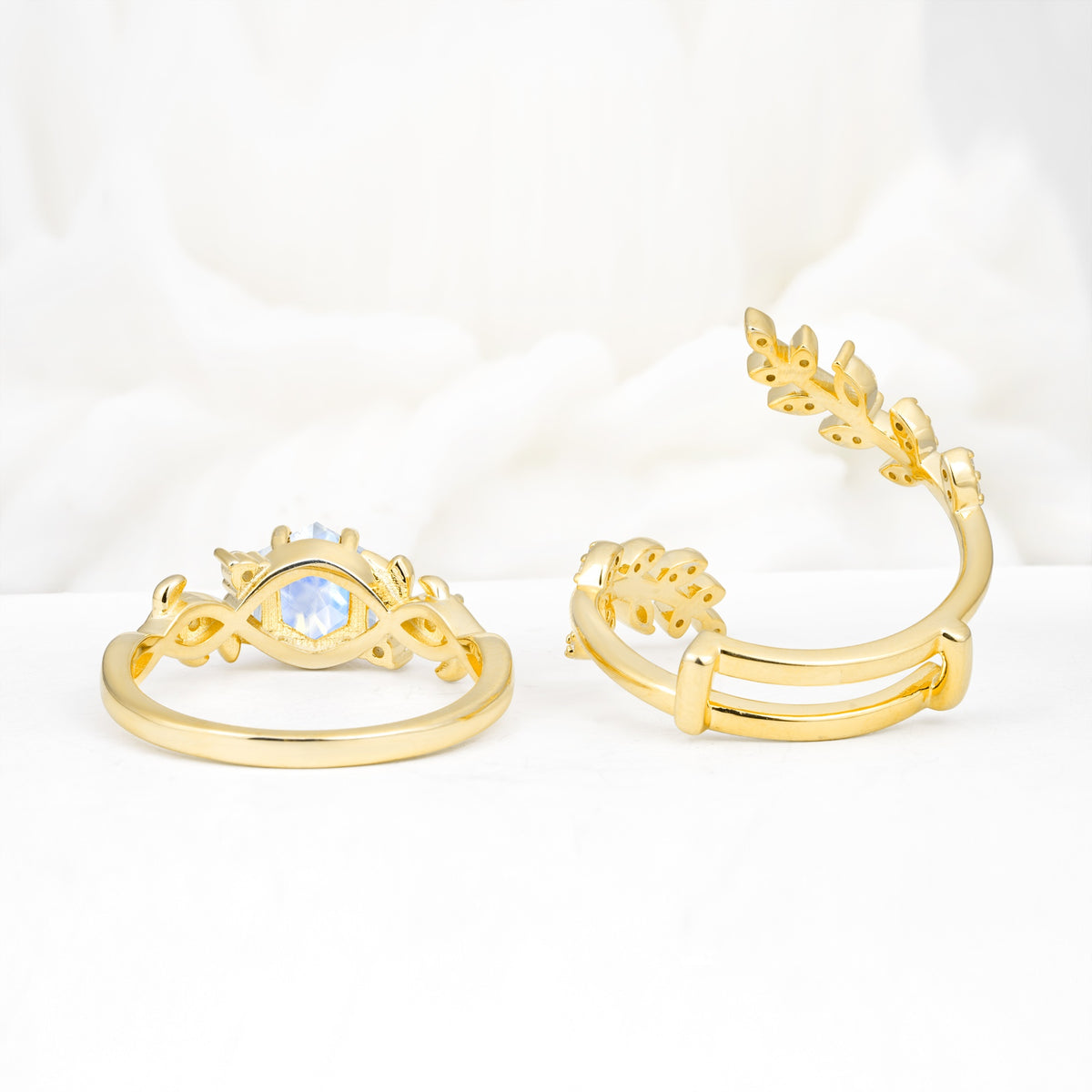 Vintage Leaf & Vine Hexagon Cut Nature Inspired Moonstone Bridal Ring Set for Her - Additional view