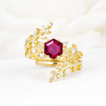 Vintage Leaf & Vine Hexagon Cut Nature Inspired Ruby Bridal Ring Set for Her - Yellow-Gold