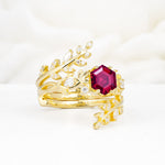 Vintage Leaf & Vine Hexagon Cut Nature Inspired Ruby Bridal Ring Set for Her - Rose-Gold