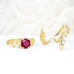 Vintage Leaf & Vine Hexagon Cut Nature Inspired Ruby Bridal Ring Set for Her - White-Gold