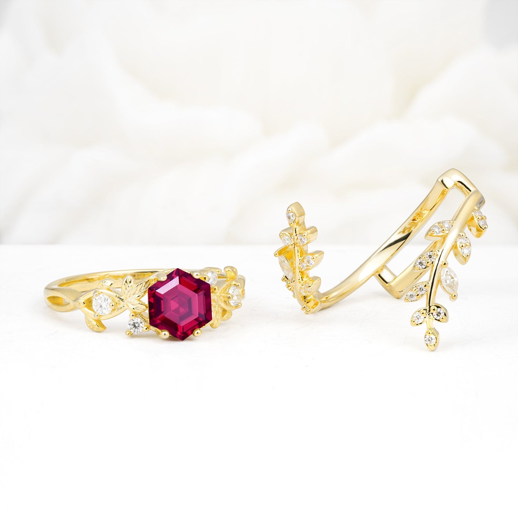 Vintage Leaf & Vine Hexagon Cut Nature Inspired Ruby Bridal Ring Set for Her - White-Gold