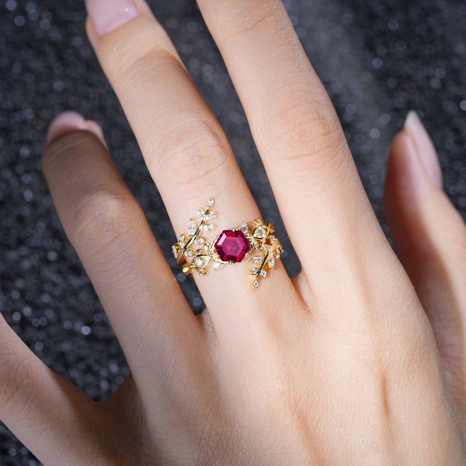 Vintage Leaf & Vine Hexagon Cut Nature Inspired Ruby Bridal Ring Set for Her - Additional view