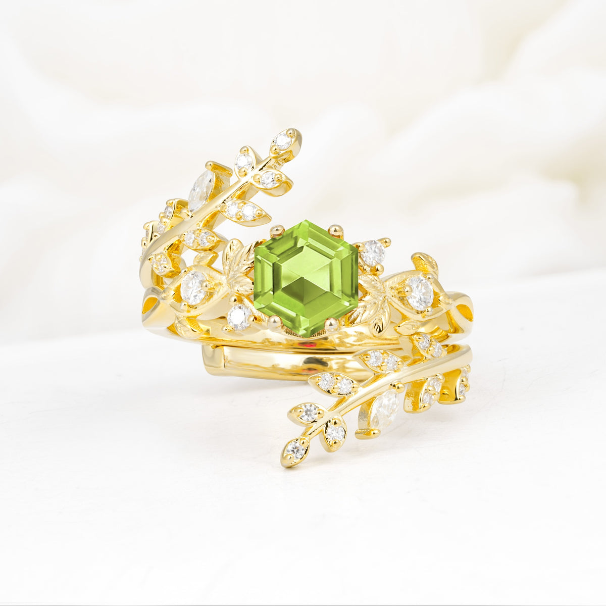 Vintage Leaf & Vine Hexagon Cut Nature Inspired Peridot Bridal Ring Set for Her - Yellow-Gold