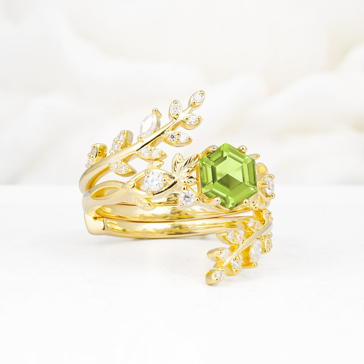 Vintage Leaf & Vine Hexagon Cut Nature Inspired Peridot Bridal Ring Set for Her - Rose-Gold