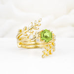 Vintage Leaf & Vine Hexagon Cut Nature Inspired Peridot Bridal Ring Set for Her - Rose-Gold