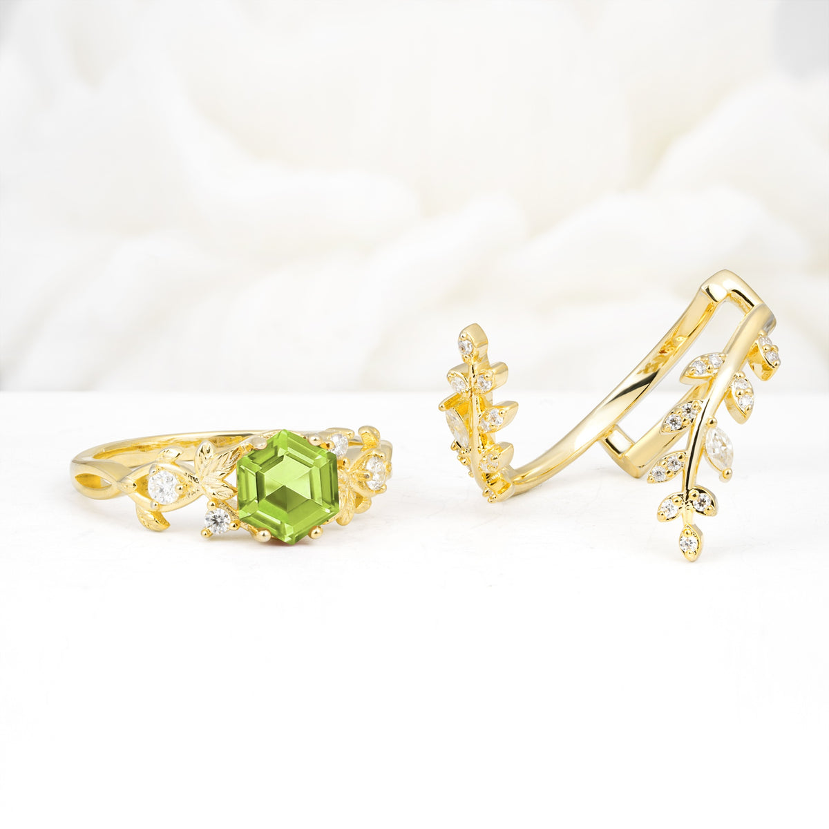 Vintage Leaf & Vine Hexagon Cut Nature Inspired Peridot Bridal Ring Set for Her - White-Gold