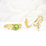 Vintage Leaf & Vine Hexagon Cut Nature Inspired Peridot Bridal Ring Set for Her - White-Gold