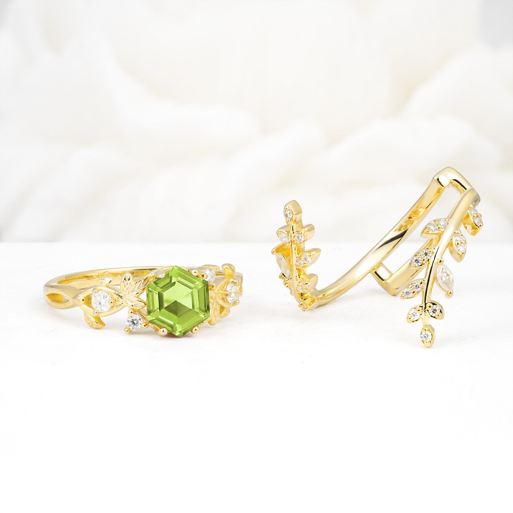 Vintage Leaf & Vine Hexagon Cut Nature Inspired Peridot Bridal Ring Set for Her - White-Gold