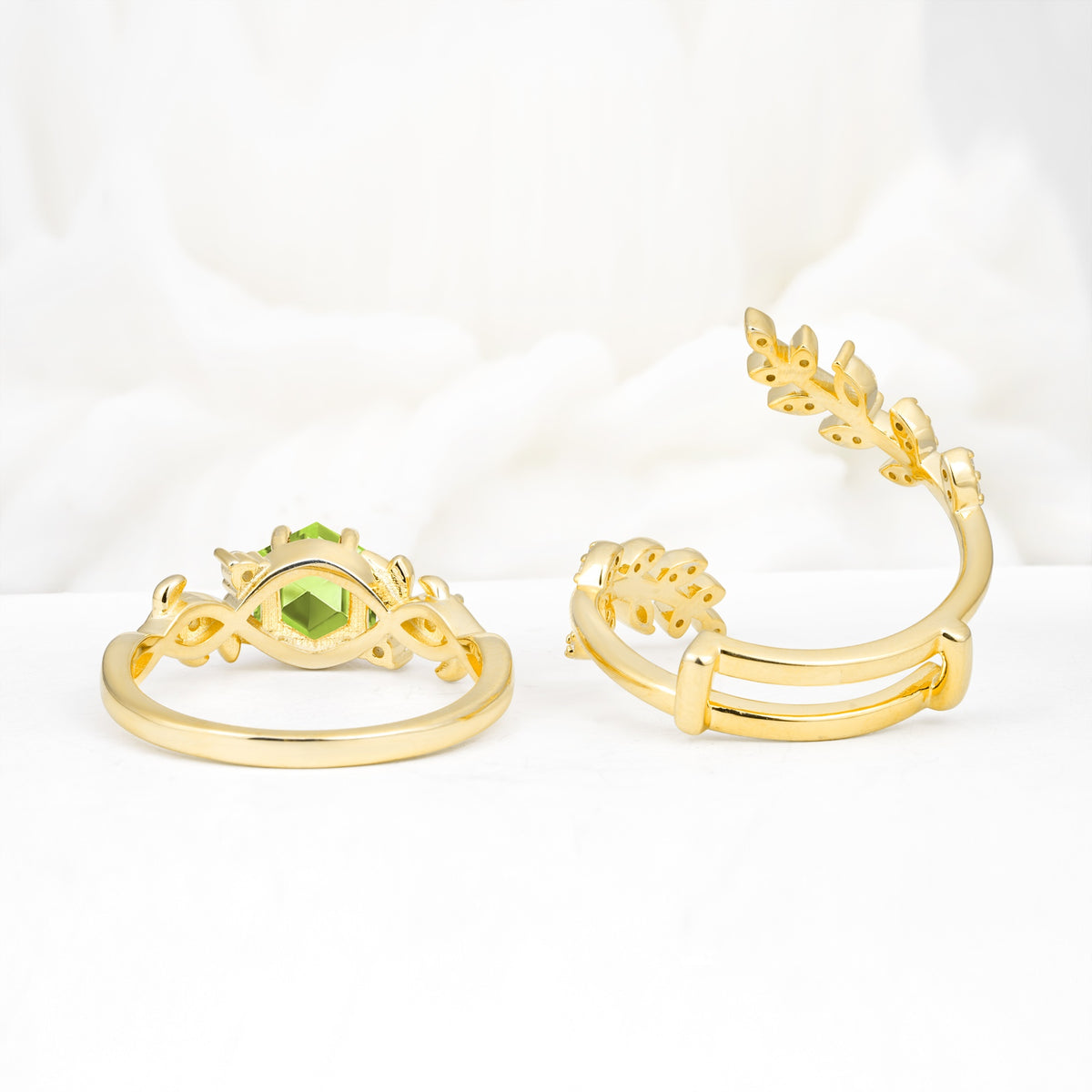 Vintage Leaf & Vine Hexagon Cut Nature Inspired Peridot Bridal Ring Set for Her - Additional view
