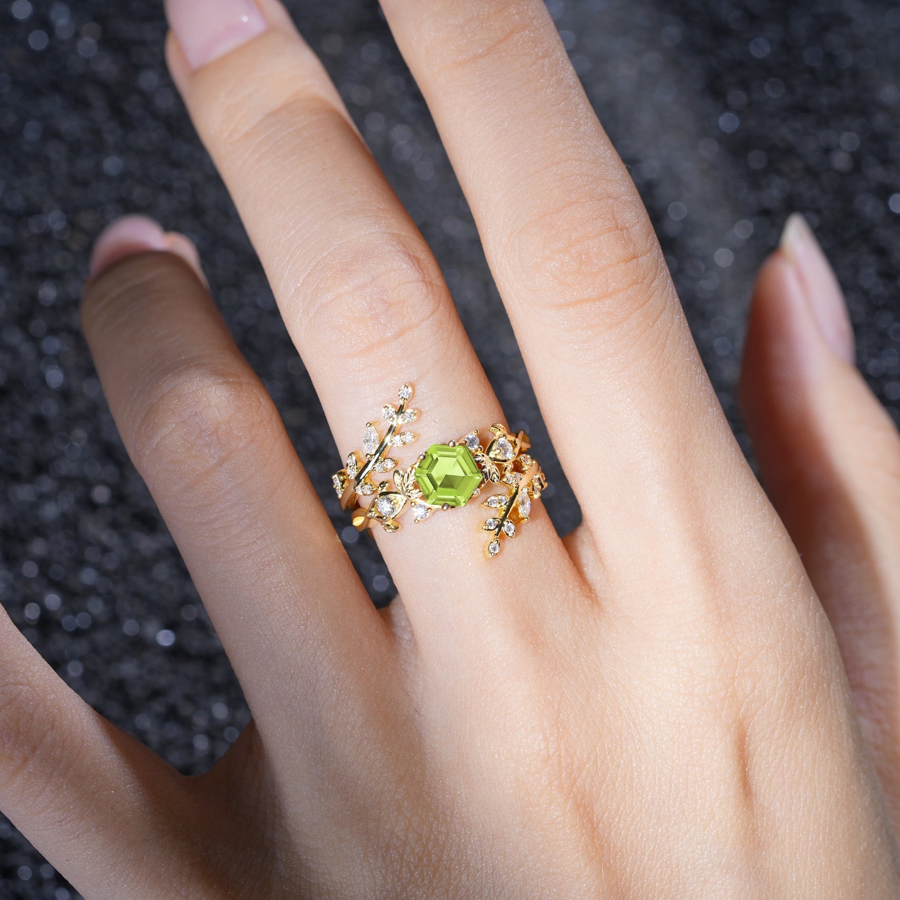 Vintage Leaf & Vine Hexagon Cut Nature Inspired Peridot Bridal Ring Set for Her - Additional view