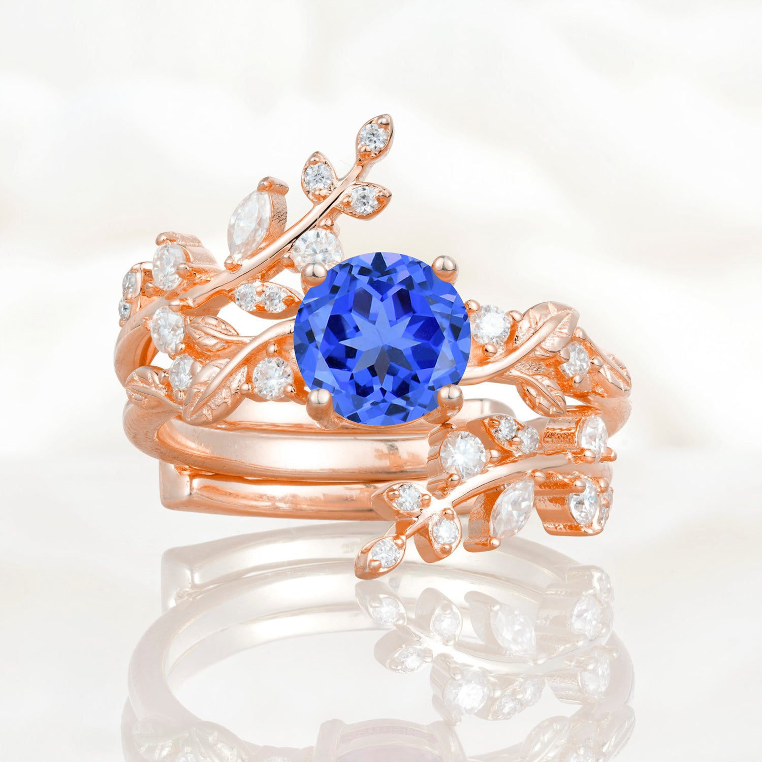 Nature Inspired Leaf Sapphire Bridal Ring Set for Women
