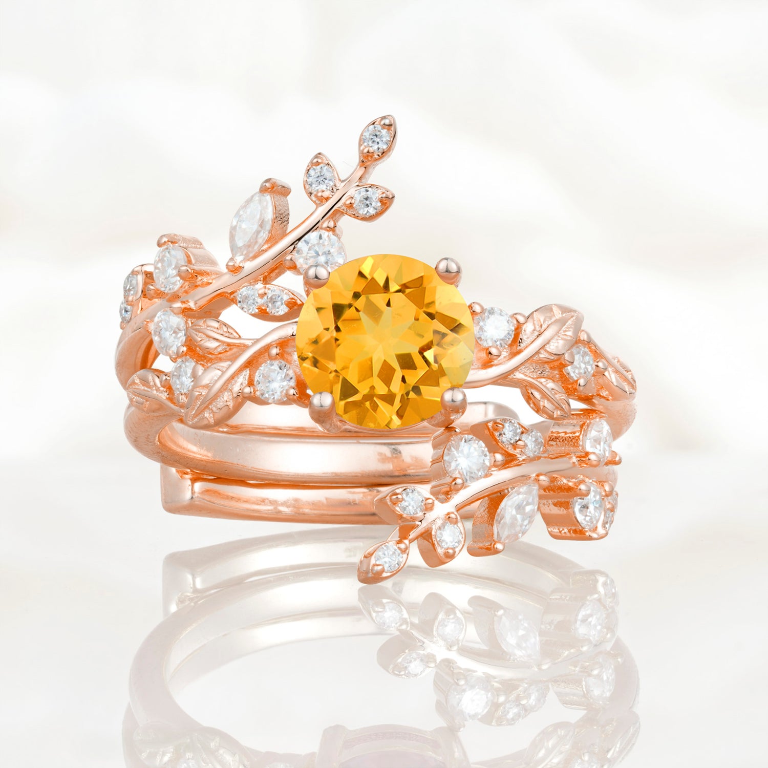 Nature Inspired Leaf Citrine Bridal Ring Set for Women