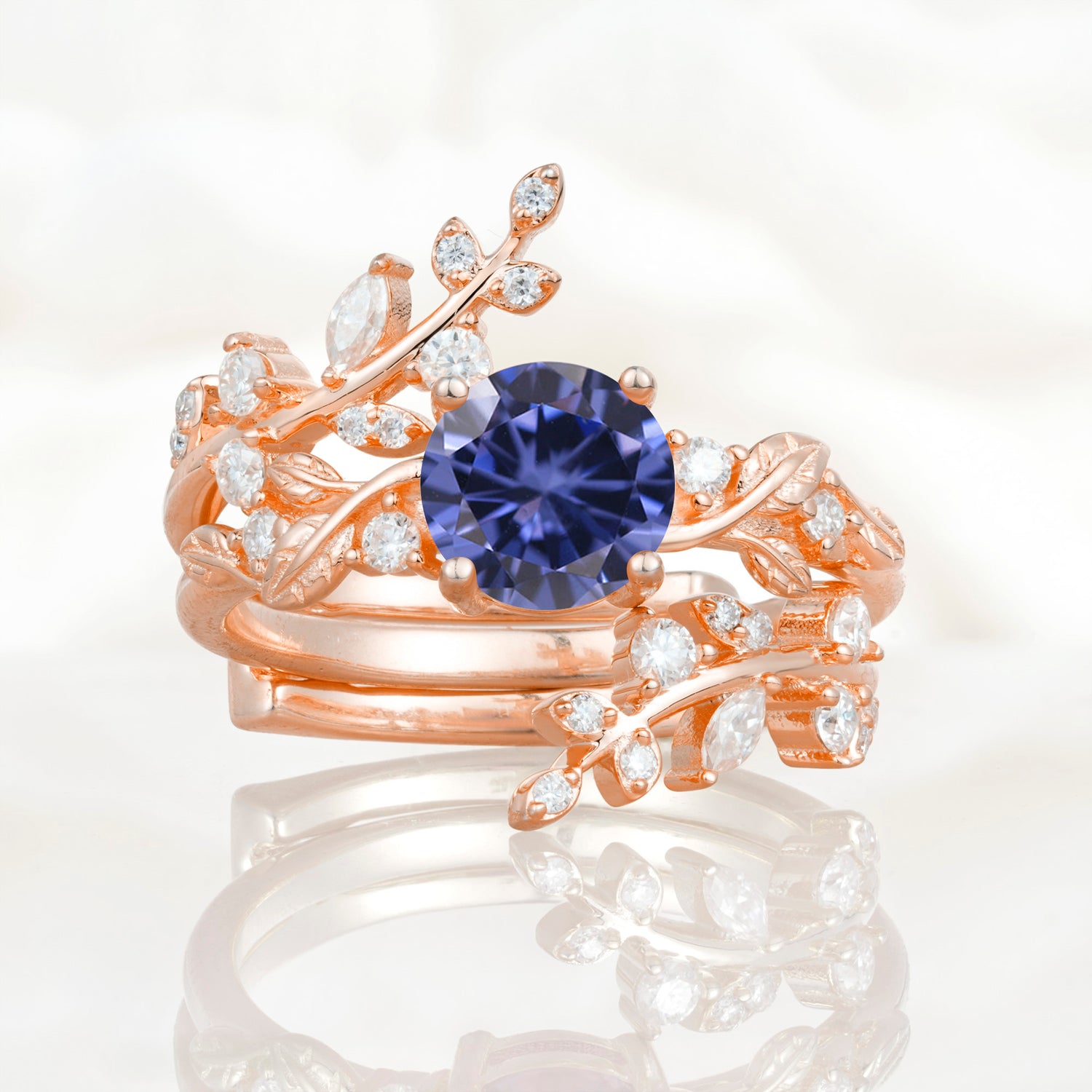 Nature Inspired Leaf Tanzanite Bridal Ring Set for Women