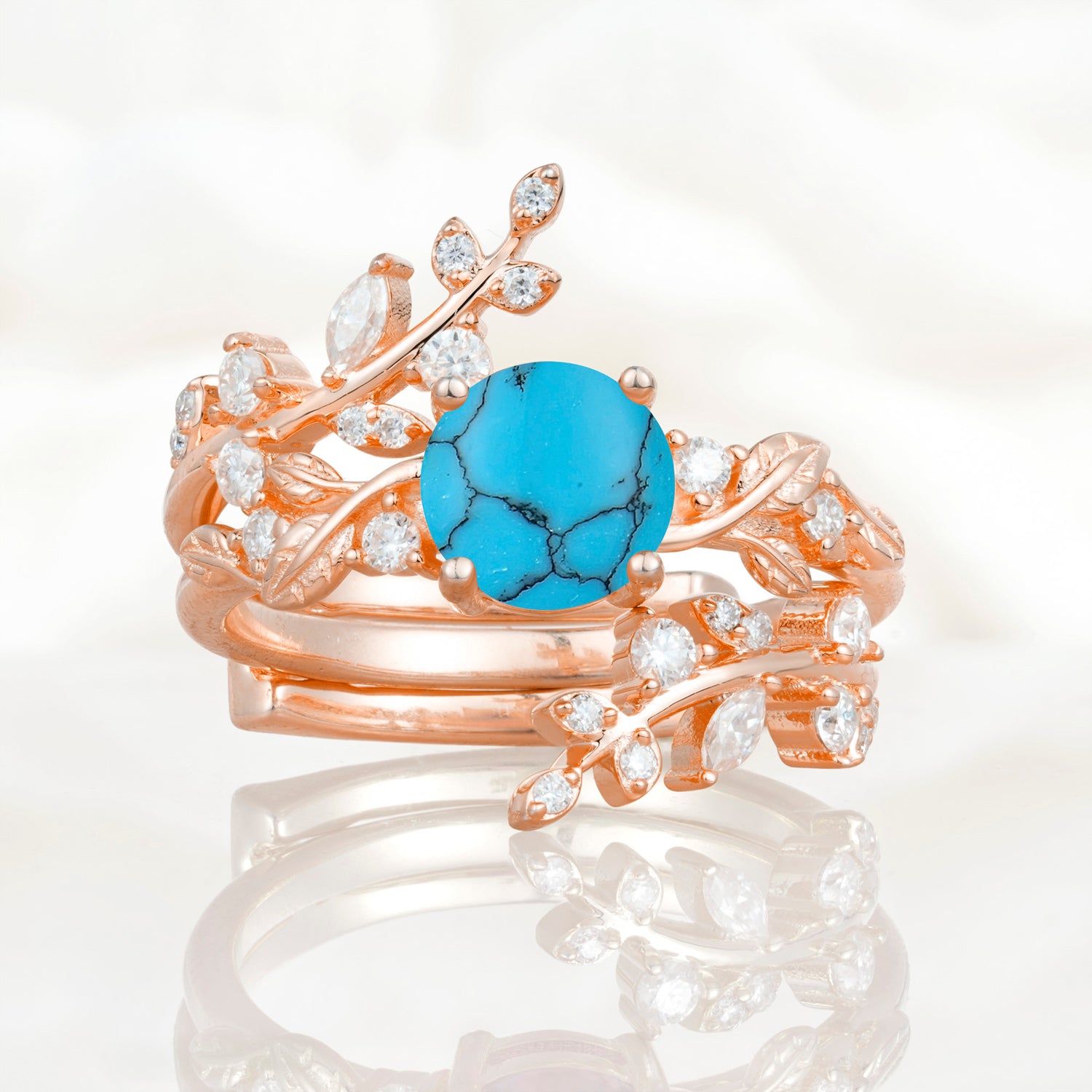 Nature Inspired Leaf Turquoise Bridal Ring Set for Women