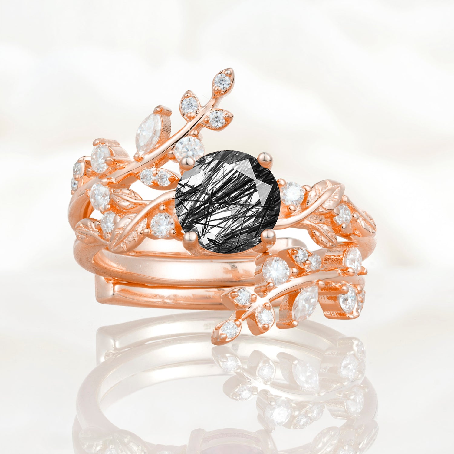 Nature Inspired Leaf Black Rutilated Quartz Bridal Ring Set for Women