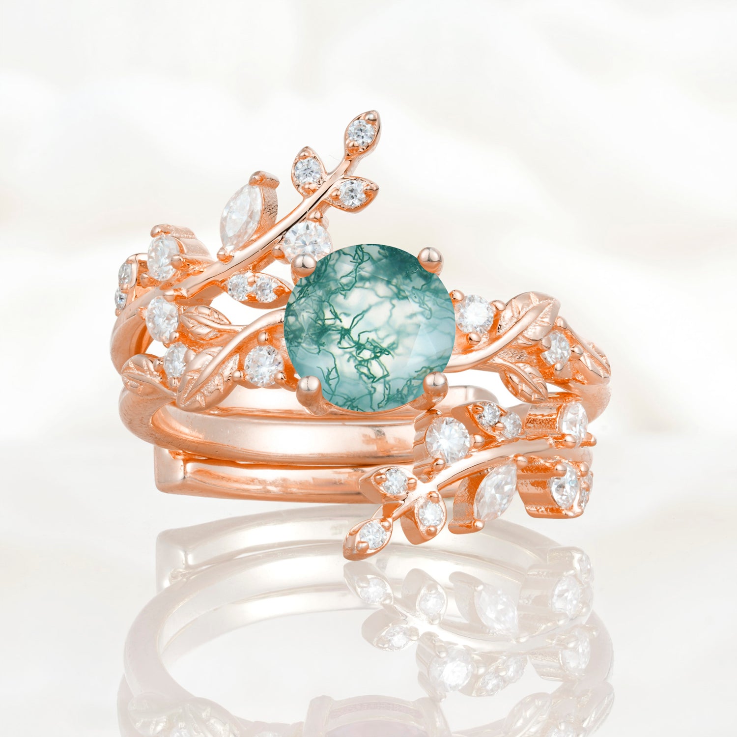 Nature Inspired Leaf Moss Agate Bridal Ring Set for Women